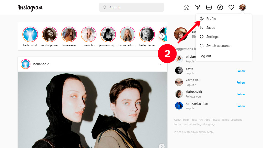 Choosing Profile on the list of profile options on the desktop Instagram site