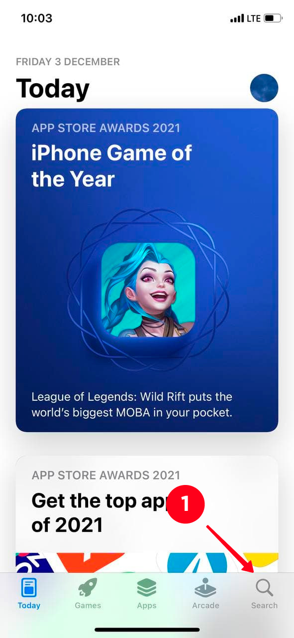 Tapping the Search tab in the App Store on an iPhone