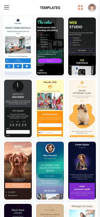 The first part of the page templates in the Taplink template library