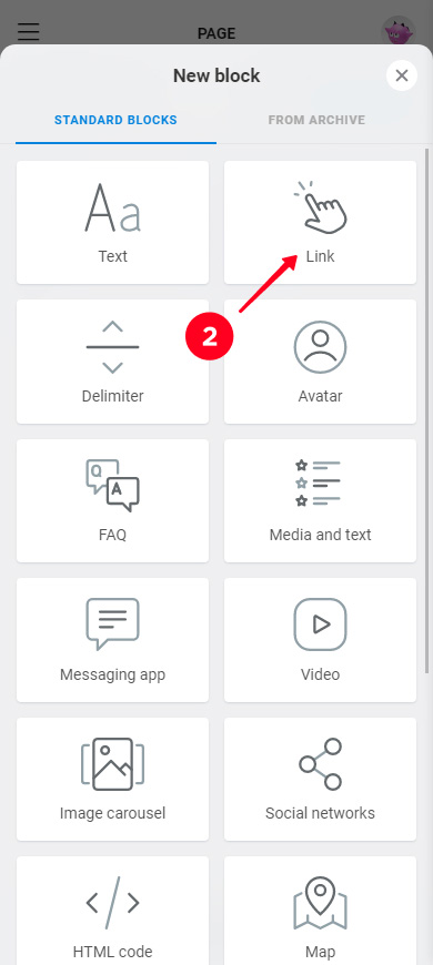 Choosing Link on the list of Taplink blocks