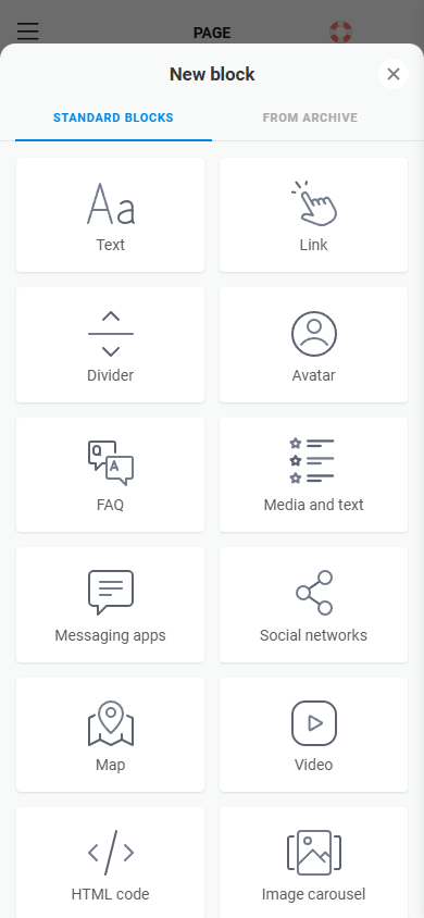 First set of available blocks in the Taplink site editor