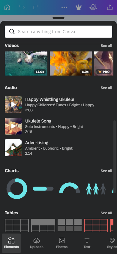 Categories in the Elements tab of the Canva library