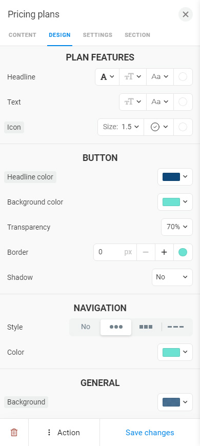 Plan features, Button, Navigation, and General appearance settings