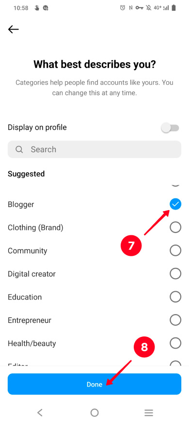 Selecting a business category on the list