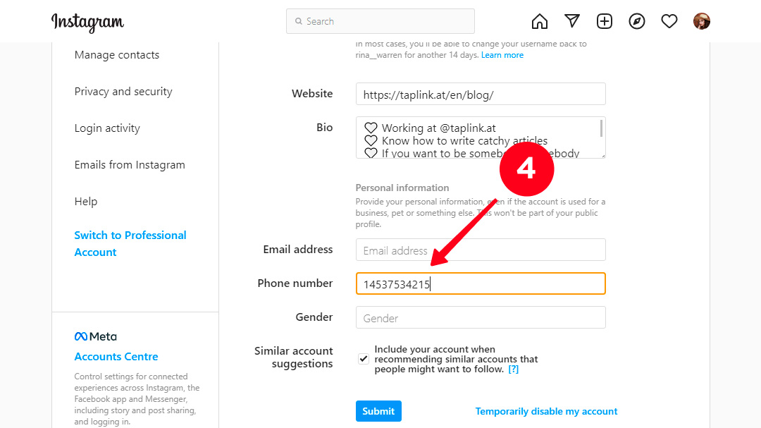 Deleting the phone number in the Instagram profile settings