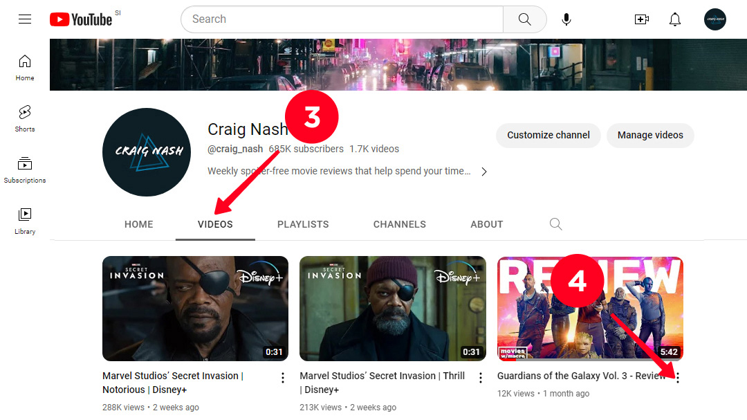 Switching to the Video tab and opening video options on a YouTube channel on the desktop site version
