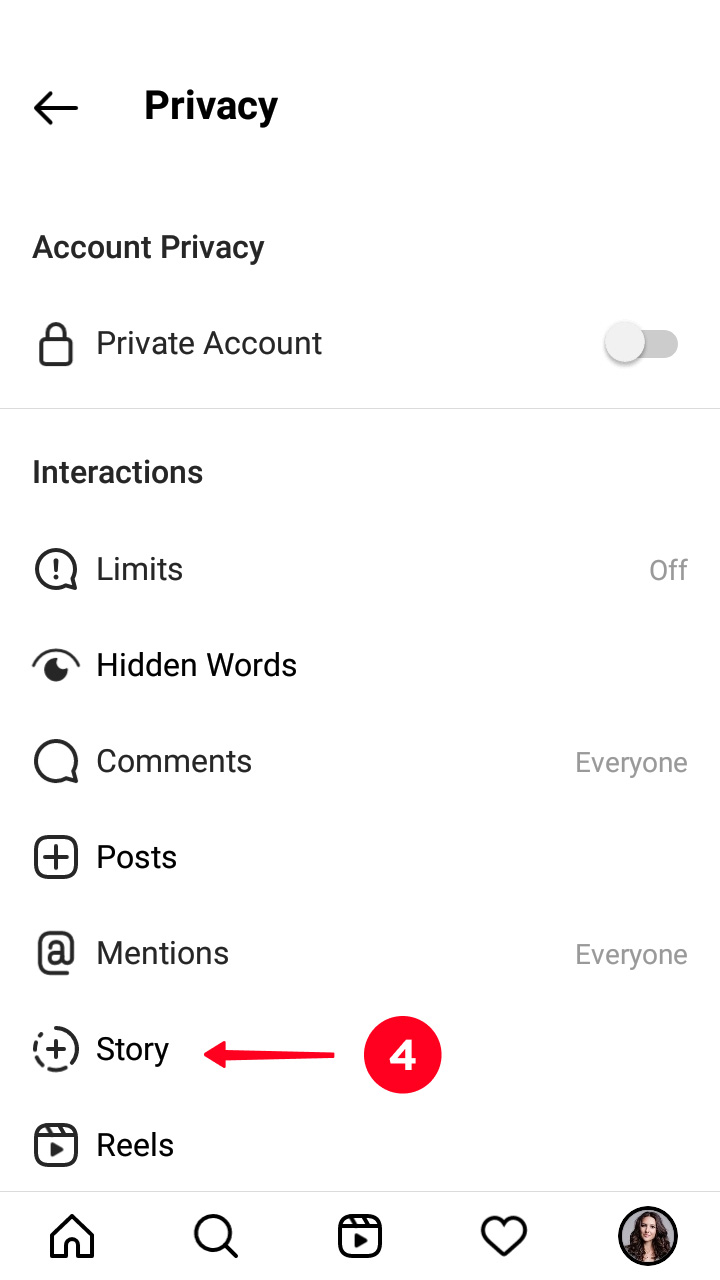 Opening Story in the Privacy settings on Instagram