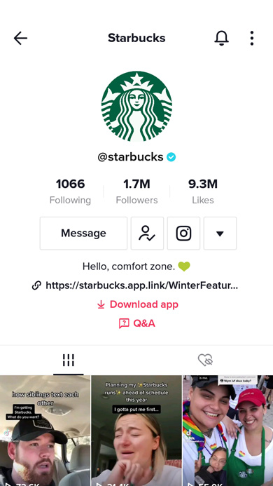 Starbucks on TikTok with its logo as a profile page, clickable link, app download and Q&A clickable links in its bio