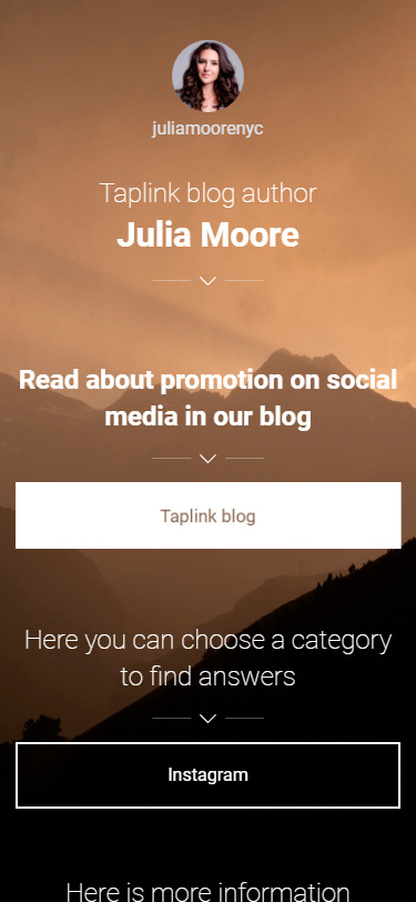 Instagram link in bio page made on Taplink for a content maker
