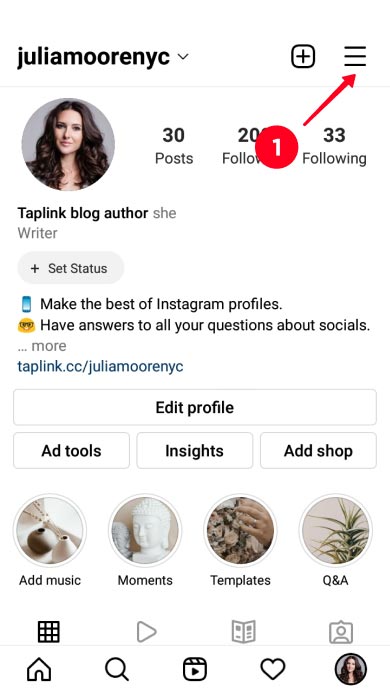 Tapping the three bar icon on an Instagram profile page