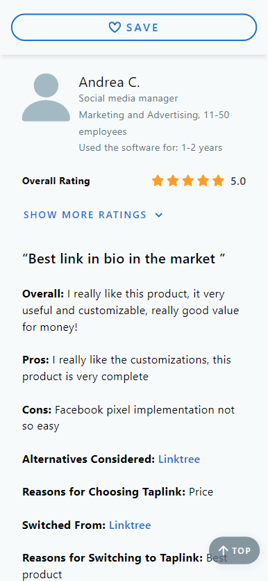 Una recensione su Capterra che dice che Taplink è il miglior strumento per il link in bio