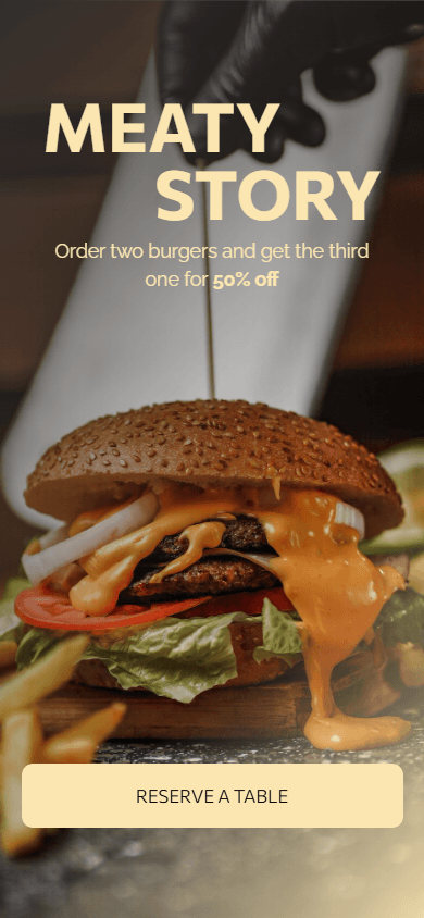 Top of the burger joint’s Taplink link in bio page featuring a title, text, a button, and a background image