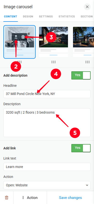Tapping the upload button and trash icon and entering text in the Headline and Description fields in Taplink