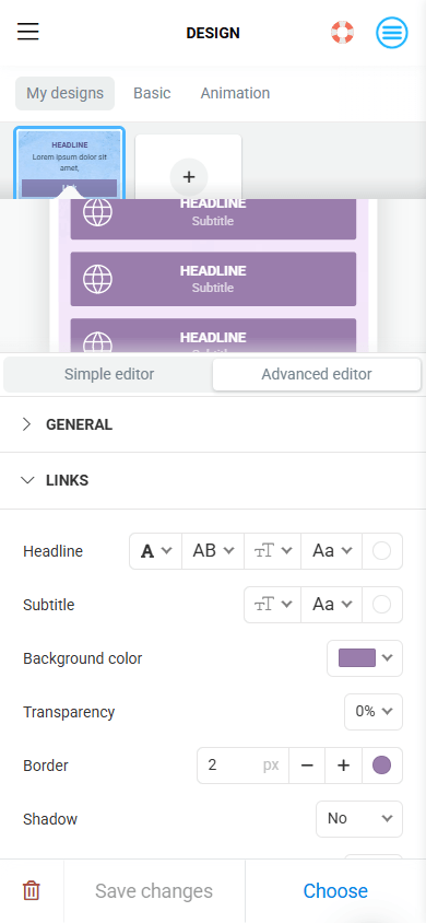 Taplink virtual business card design settings that feature link design options