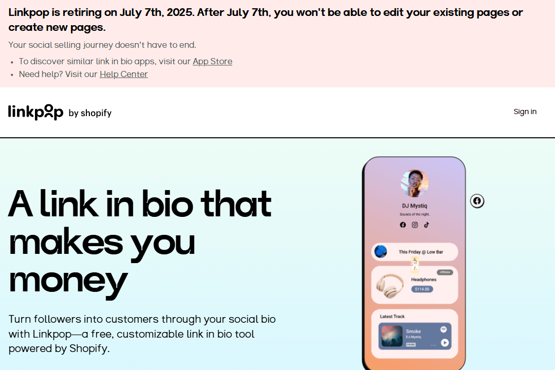 Shopify’s Linkpop homepage with a shutdown notice, hero image, and text