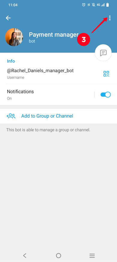 Opening the options list in the Telegram bot profile