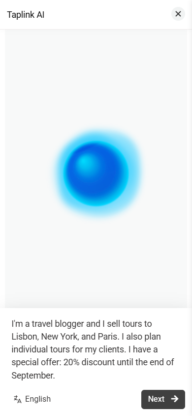 Taplink AI website builder interface featuring an image, a prompt field, and a prompt