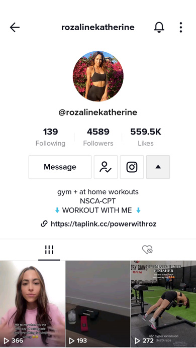 TikTok profile of a fitness coach with a bio text referring to the bio link