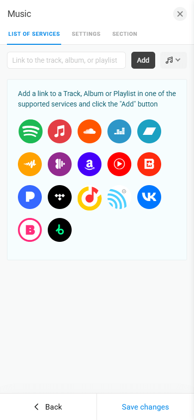 Seventeen music platforms available in Taplink for music embedding