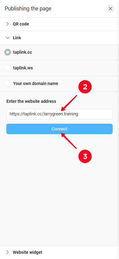 Entering the username and tapping the Connect button in the website builder