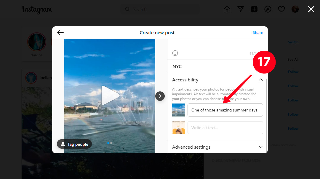 Writing alt texts for videos when posting to Instagram in the desktop browser