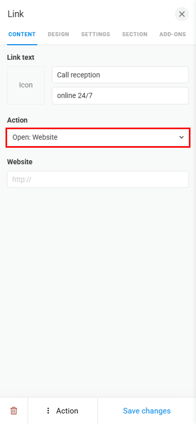 Tapping the Action field on the Link settings page