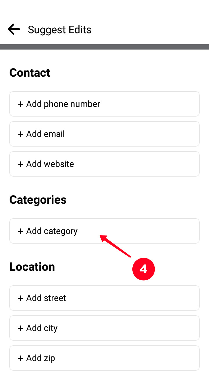 Tocando 'Agregar categoría' en el menú de sugerencias de edición de la ubicación personalizada