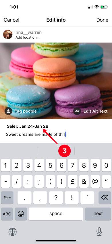 Tapping the date of the event in the Instagram reminder