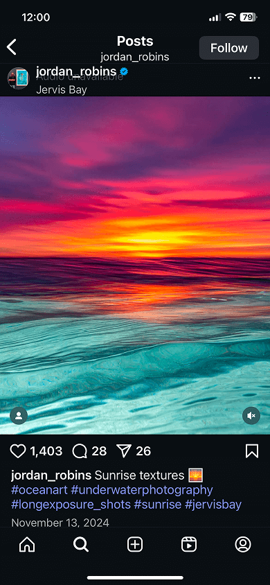 A photographer’s sunrise photo with a caption on Instagram