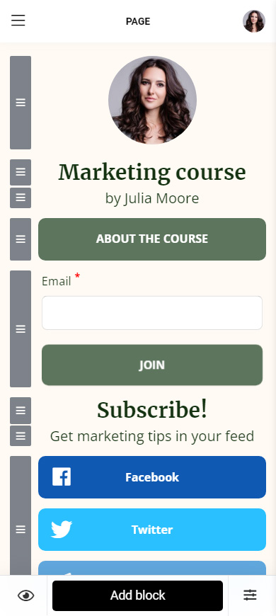 Opt-in form, and Facebook and Twitter links on a Taplink page in the editor