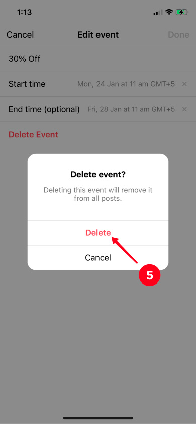 Confirming the Instagram reminder deletion