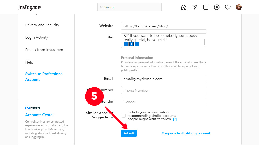 Submitting the phone number changes in the Edit profile settings on Instagram