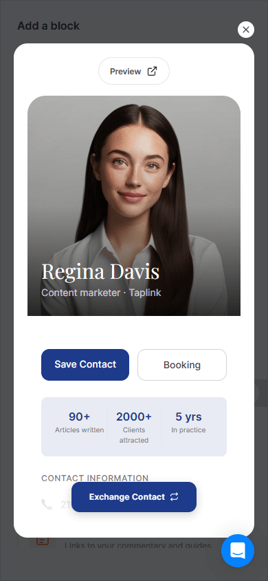 Electronic business card preview in the V1ce app