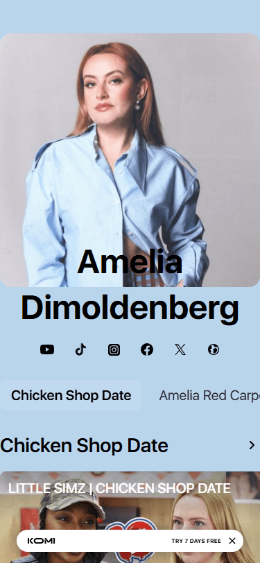 Link na bio de Amelia Dimoldenberg no Komi
