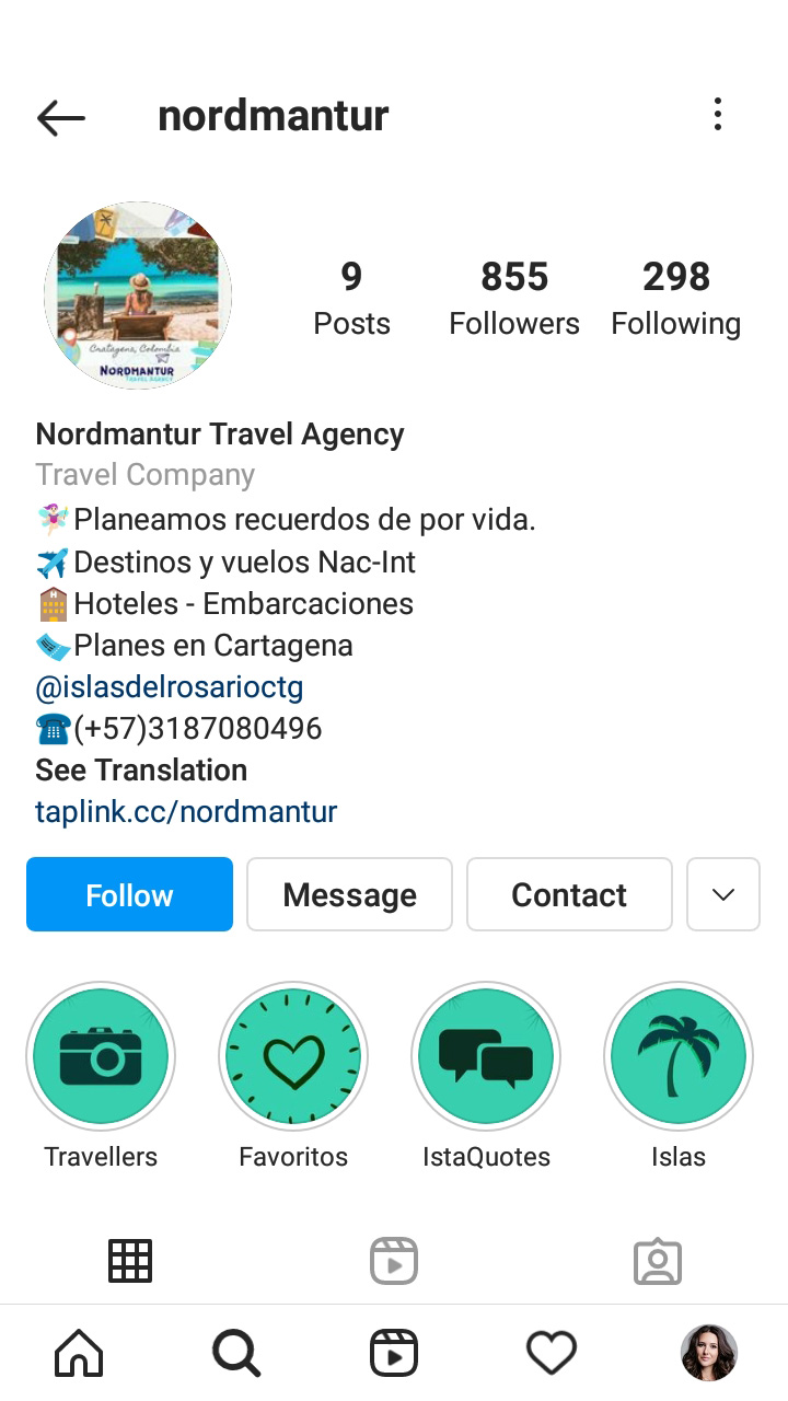 Pagina Instagram di un'agenzia di viaggi con il nome del marchio impostato come nome del profilo