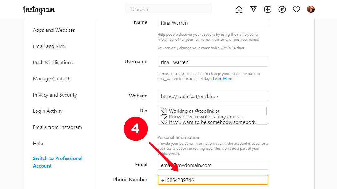 Deleting the phone number in the Instagram profile settings on a computer
