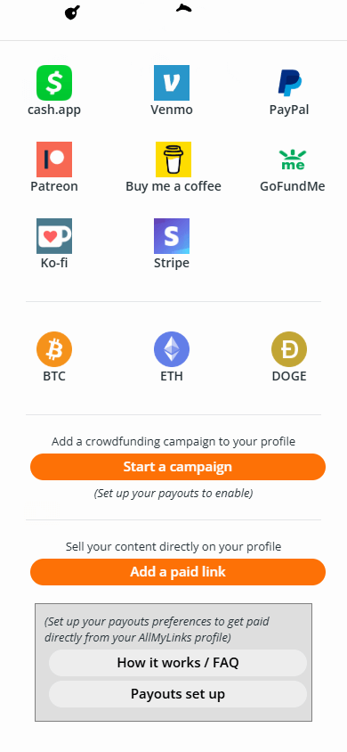 Monetization options available in AllMyLinks