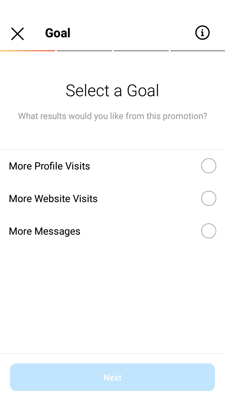 Page for selecting a goal when setting up paid advertising on Instagram for a post