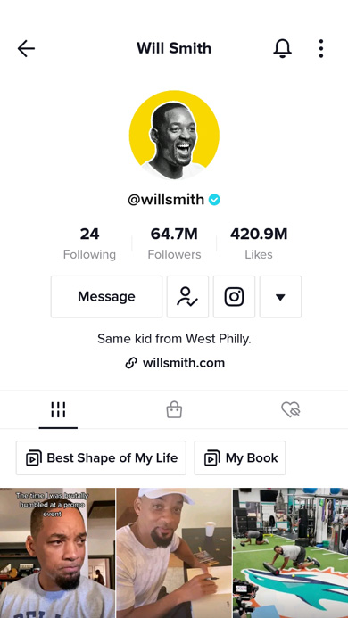 Will Smith's profile page on tikTok in the app with a photo. link in bio, and clips