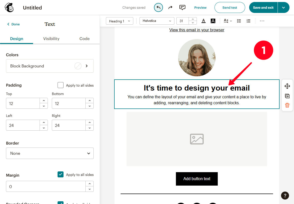 Clicking the text block on the email editor page