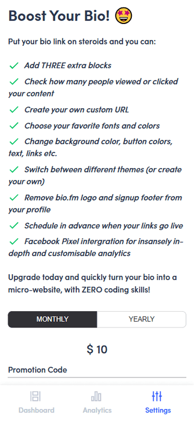 Pricing page interface of Bio.fm paid plan