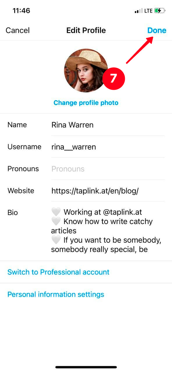 Saving the Instagram profile changes on an iPhone
