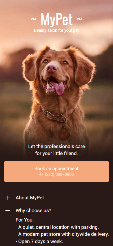 A pet beauty salon’s page created with Taplink as a Bento.me alternative