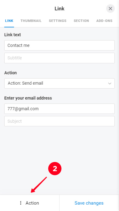 Opening the Action menu in the Link block settings
