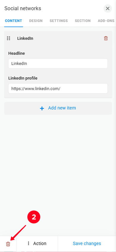 Tapping the trash icon on the Social networks block settings page