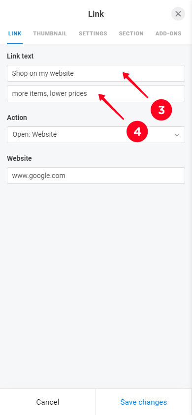 Adding the button text in the link settings on Taplink