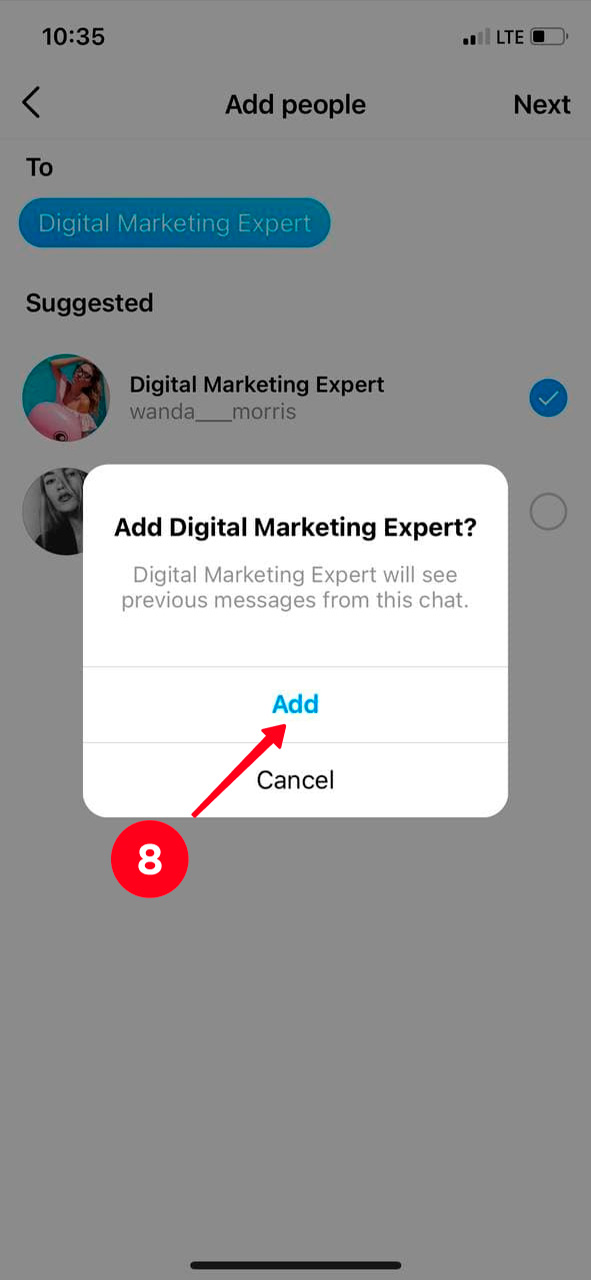 Tapping Add in a pop up window in the Instagram mobile app