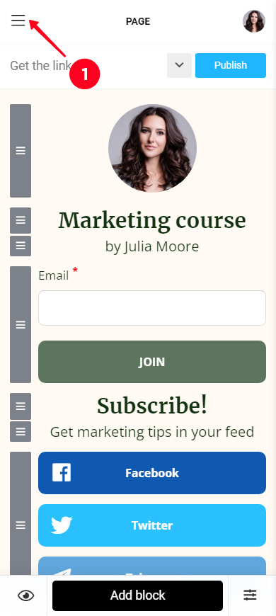 Opening the Taplink profile menu in the editor