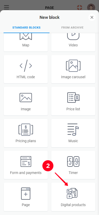 Choosing the Digital products block in the new block selection window in the store editor