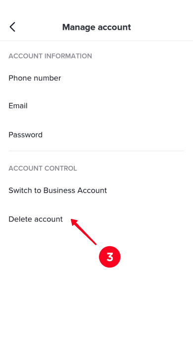 Choosing Delete account